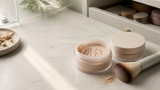 Closed jars of loose mineral powder stored in a cool dry drawer away from light