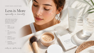 Mineral powder foundation and a kabuki brush on a warm neutral background