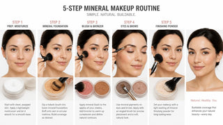 Five-step mineral makeup routine flat lay with foundation and brushes