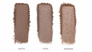 Three eyeshadow finishes, matte, satin, and shimmer, swatched side by side